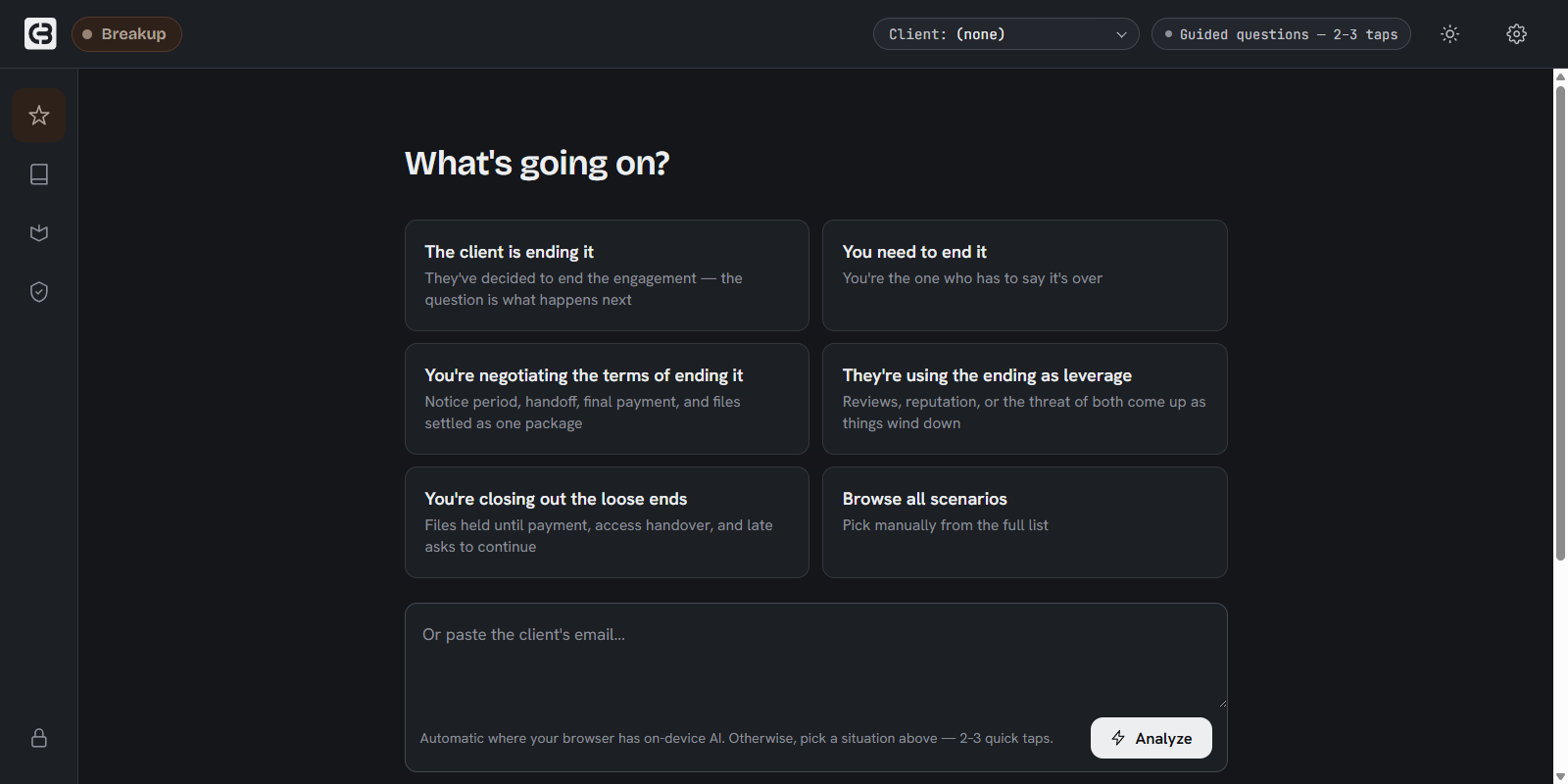 The opening screen: the situation categories and a box to paste the client's email