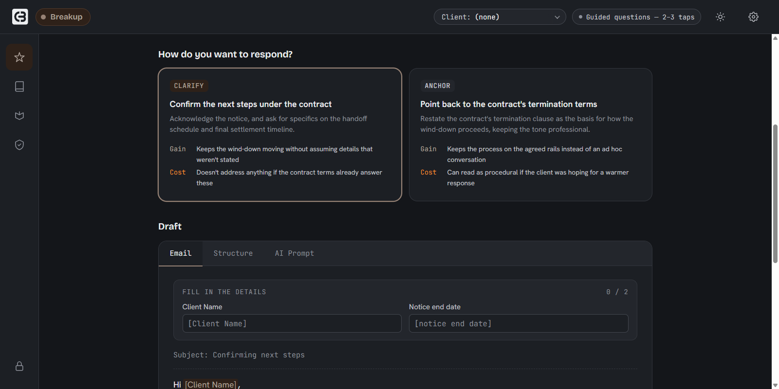 One situation open, showing the approaches with gain and cost, and the draft below