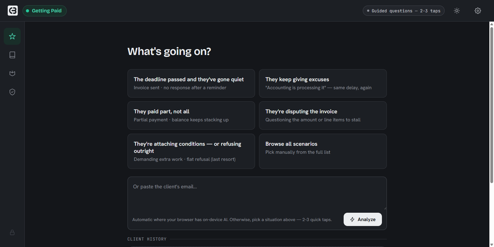 The opening screen: five situation categories and a box to paste the client's email