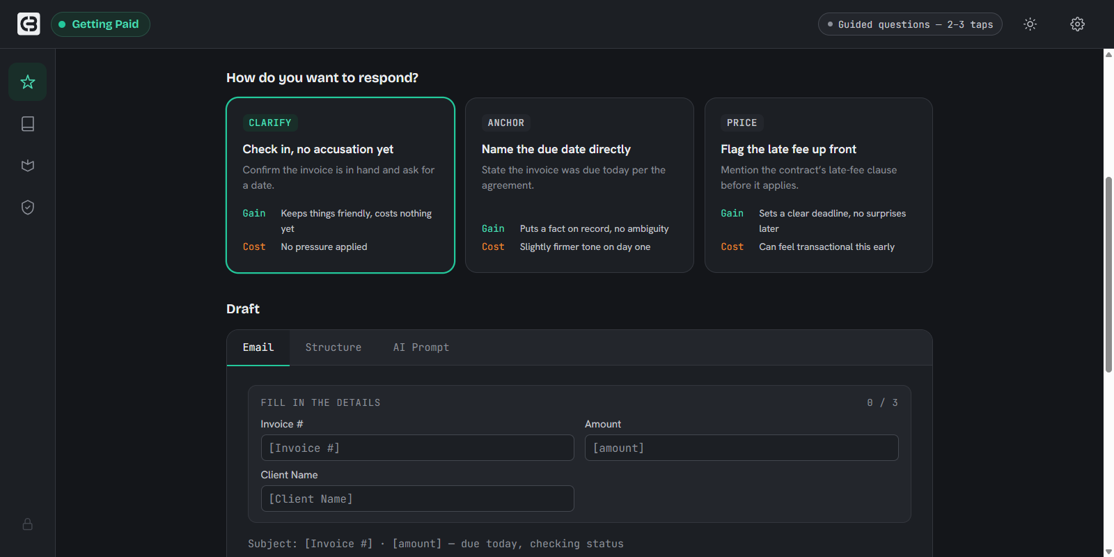 One situation open, showing three approaches with gain and cost, and the draft below