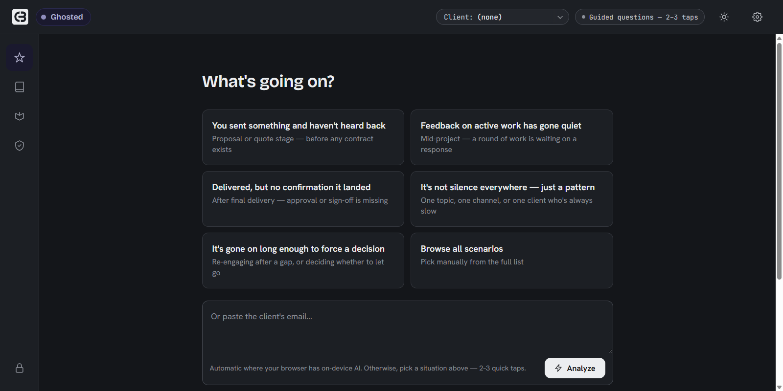 The opening screen: the situation categories and a box to paste the client's email