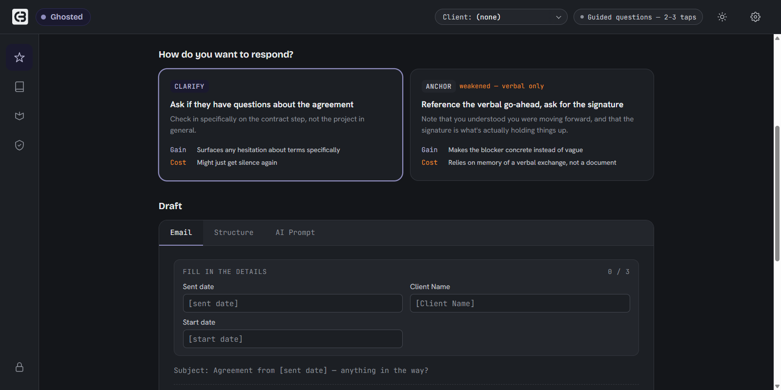 One situation open, showing the approaches with gain and cost, and the draft below