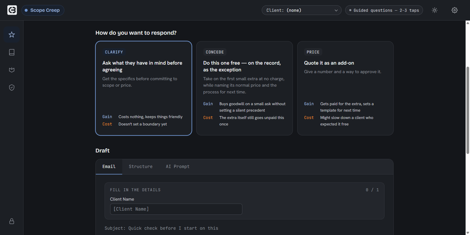 One situation open, showing the approaches with gain and cost, and the draft below
