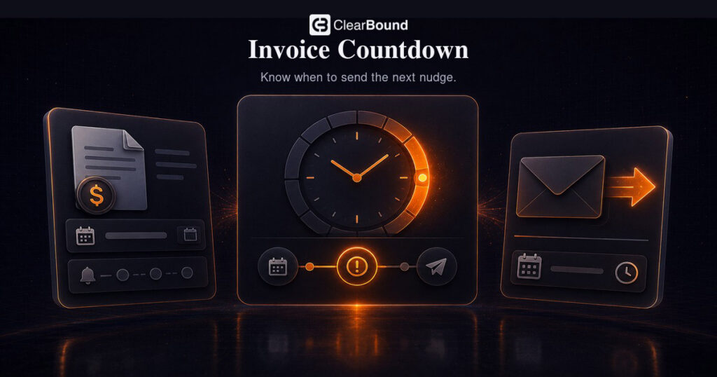 ClearBound Invoice Countdown banner — 'Know when to send the next nudge.' with clock and invoice illustration