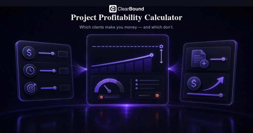 ClearBound Project Profitability Calculator banner — 'Which clients make you money — and which don't.' with charts
