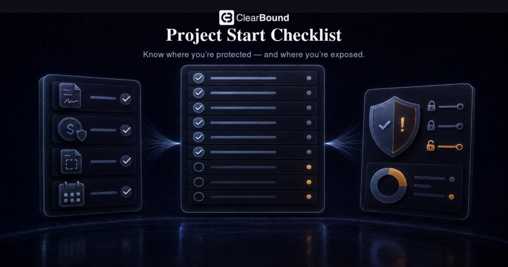 ClearBound Project Start Checklist banner — 'Know where you're protected — and where you're exposed.'