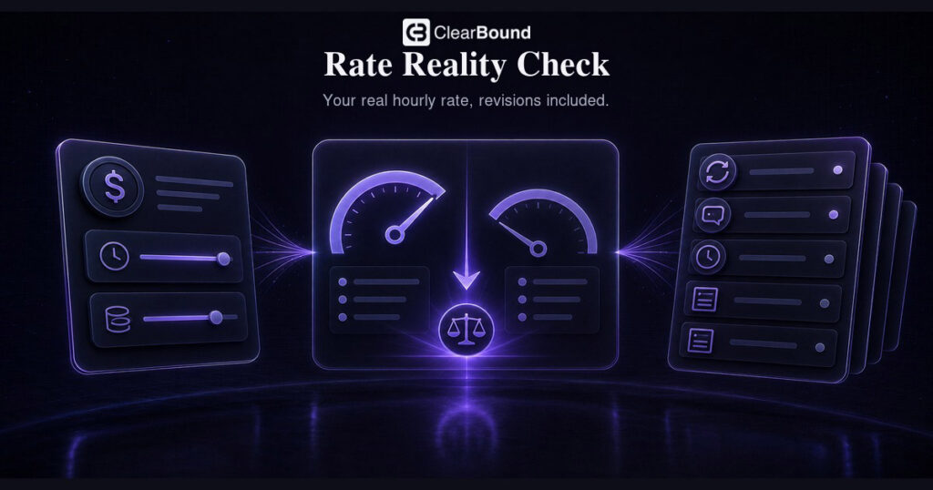 ClearBound Rate Reality Check banner — 'Your real hourly rate, revisions included.' with gauge illustration
