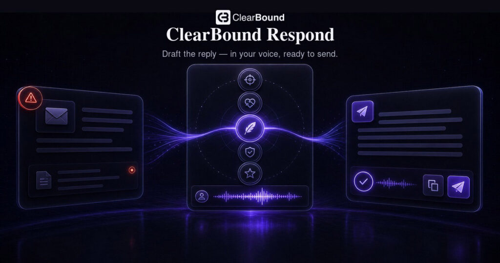 ClearBound Respond banner — 'Draft the reply — in your voice, ready to send.' with AI reply illustration