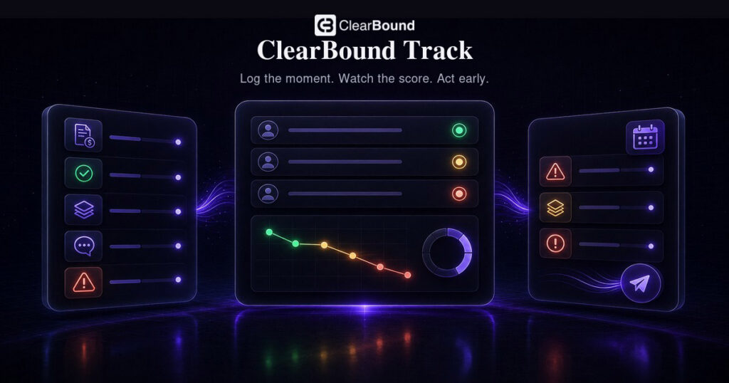 ClearBound Track banner — 'Log the moment. Watch the score. Act early.' with client health dashboard