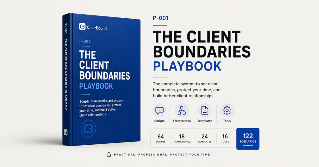 ClearBound P-001 The Client Boundaries Playbook — blue book cover, a complete system to set clear boundaries, protect your time and build better client relationships