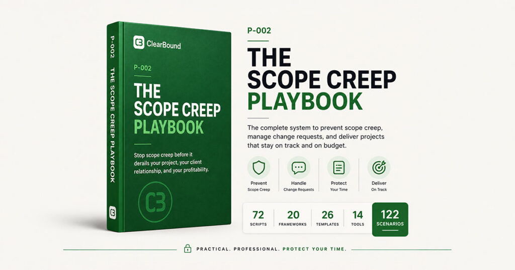 ClearBound P-002 The Scope Creep Playbook — green book cover, a complete system to prevent scope creep and keep projects on track and on budget