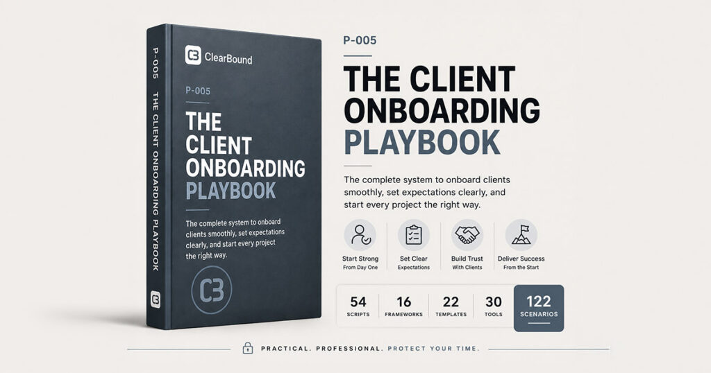 ClearBound P-005 The Client Onboarding Playbook — dark navy book cover, a complete system to onboard clients smoothly and start every project right
