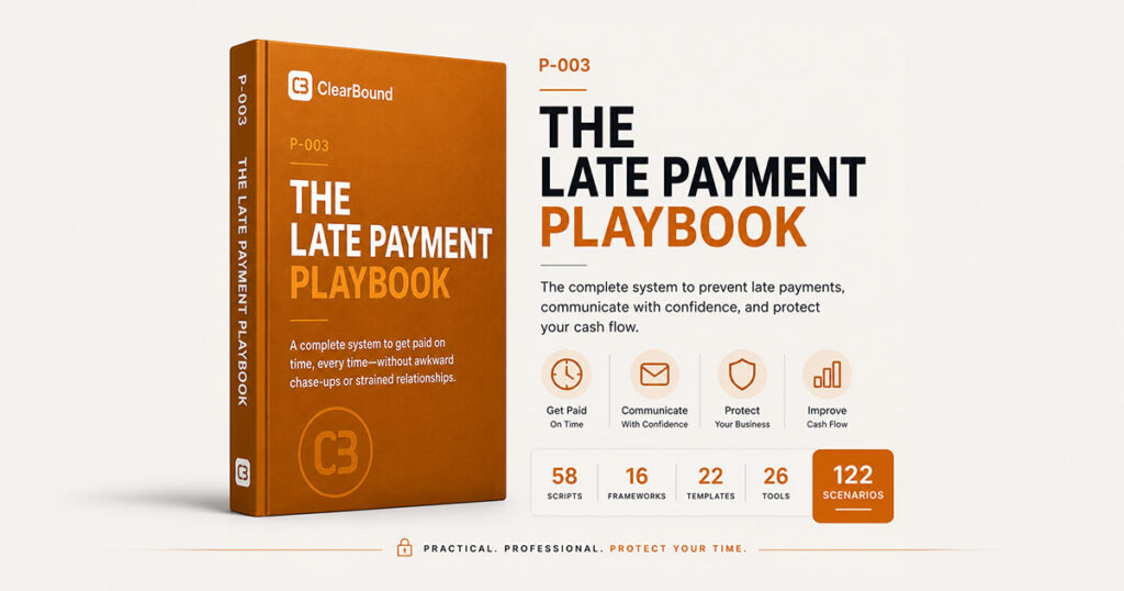 ClearBound P-003 The Late Payment Playbook — orange book cover, a complete system to get paid on time without awkward chase-ups