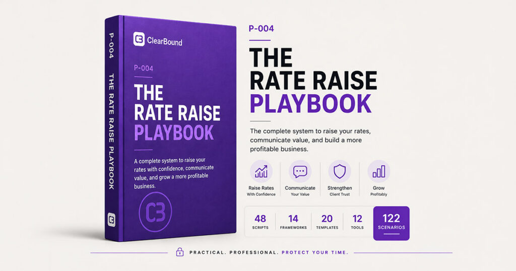 ClearBound P-004 The Rate Raise Playbook — purple book cover, a complete system to raise rates, communicate value and grow a more profitable business