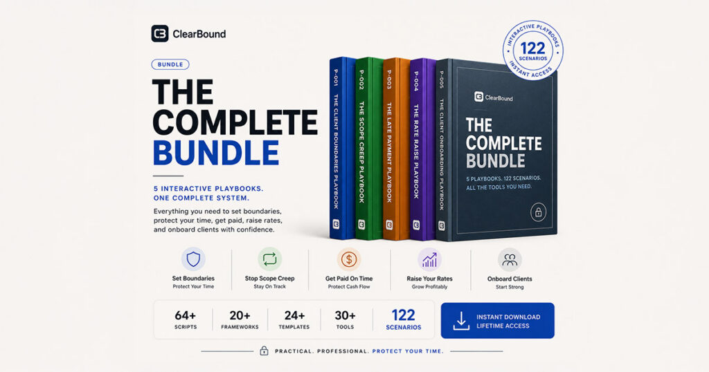 ClearBound The Complete Bundle — five spine-labeled playbooks with 122 scenarios, 64+ scripts, 20+ frameworks, 24+ templates and 30+ tools